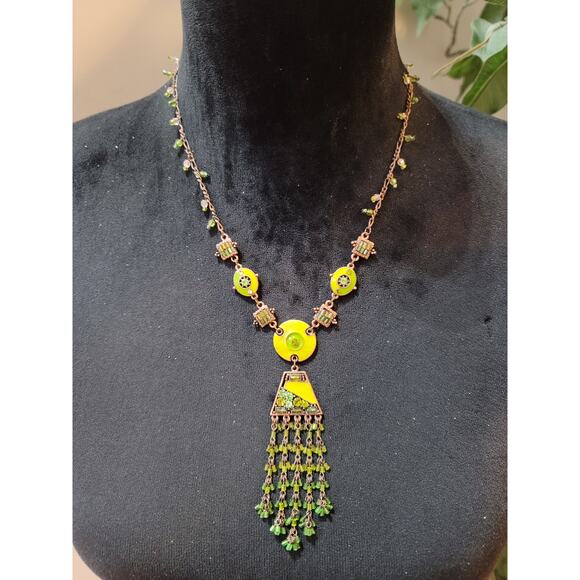 Unbranded Jewelry - Vintage Green Rhinestone Fringe Necklace Copper Tone Boho Statement Jewelry